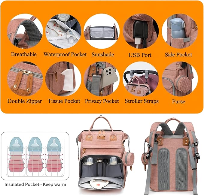 Baby Diaper Bag with Changing Station, Waterproof Diaper Bag Backpack for Mom/Dad, Baby Shower Gifts, w/USB Charging Port, Insulated Bottle Holders & Pacifier Case, XL Storage Backpack, Pink