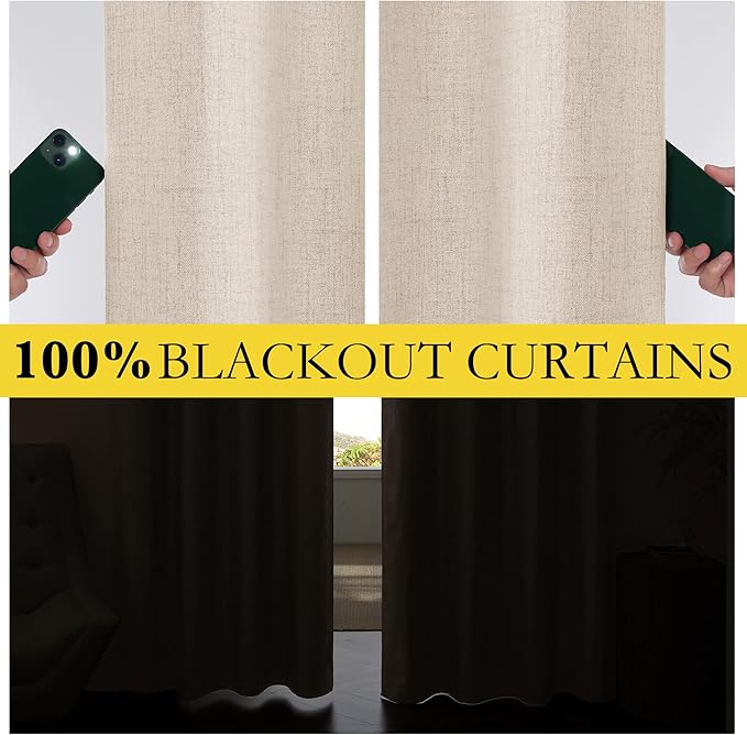 NICETOWN Cream Linen 100% Blackout Curtains, 2 Panels Set, 52 x 80 Inches, Rod Pocket Style, Thermal Insulated Room Darkening Drapes for Bedroom, Living Room, Nursery, Modern Farmhouse Decor