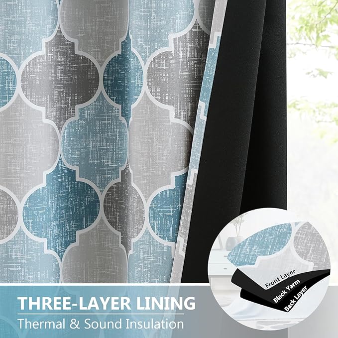 Gray Blue Geometric 100% Blackout Curtains 95 Inches Long for Living Room Bedroom Moroccan Trellis Print Window Panels Room Darkening Thermal Insulated Grommet Drapes, 52x95, 2 Panels