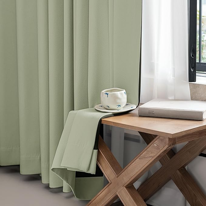 FMFUNCTEX 100% Blackout Curtains for Bedroom, Sage Green Geometric Weave Curtains 108 Inches Long Textured Thermal Insulated Curtains Living Room, Black Out Drapery Grommet 2 Panels