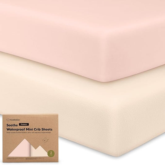 2 Pack and Play Sheets, Waterproof Mini Crib Sheets Fitted - 38x26 Organic Cotton Pack N Play Sheets for Graco Pack and Play Mattress, Playard Baby Crib Sheets, Neutral for Boy, Girl, Toddler (Cameo)