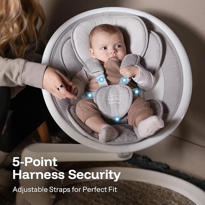 HARPPA Electric Baby Swings for Infants and Newborns, 5 Speeds and Remote Control 10 Built-in Melodies, 2 Seat Positions & 180° Rotation,Portable Baby Swing for Indoor Use,Dove Gray