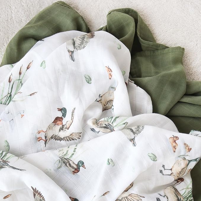LifeTree Baby Swaddle Blankets, Muslin Swaddle Blankets Boys Girls Swaddling Wrap Receiving Blanket for Newborn, 70% Viscose Bamboo and 30% Cotton, Large 47" x 47", Mallard Duck Pattern