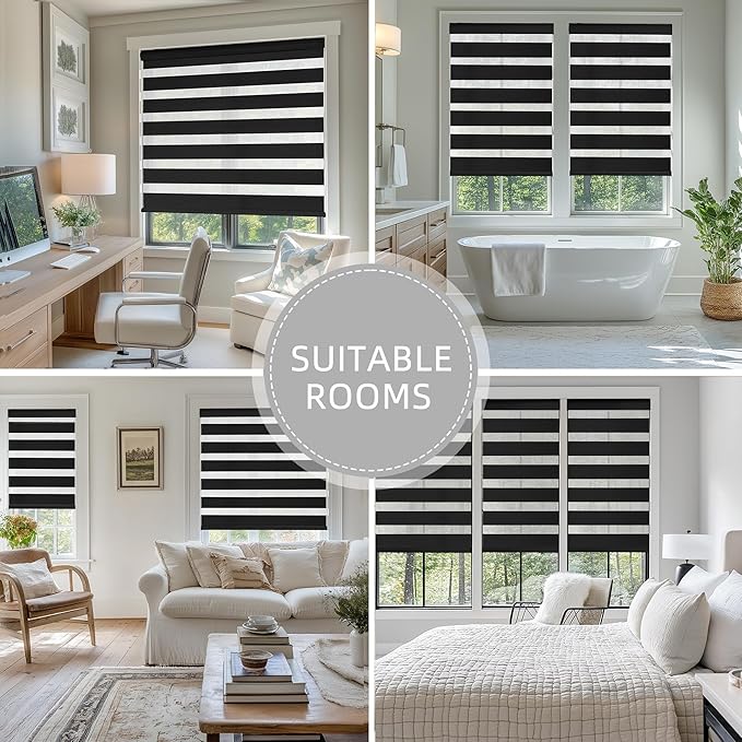 ChrisDowa Cordless Zebra Blinds for Windows, Dual Layer Free-Stop Light Filtering Window Roller Shades, Pull Down Privacy Zebra Shades for Home, Office, Bedroom, Door (23" W x 72" H, Black)