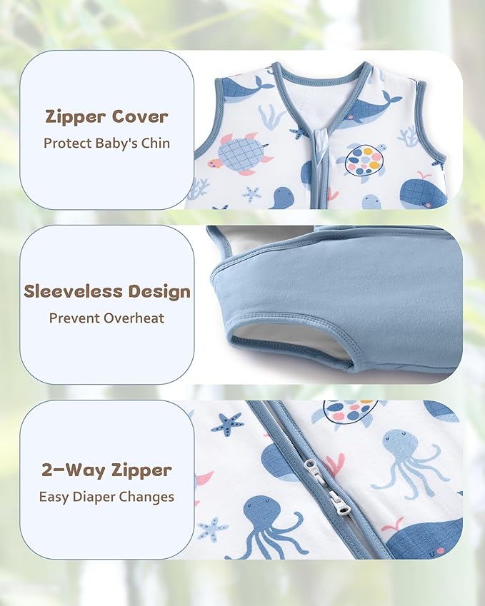 FIEMOL Rayon Made from Bamboo Baby Sleep Sack 18-24 Months, 1.0 Tog Baby Wearable Blanket, Soft Sleeping Bag for Infant Toddler Babies with 2-Way Zipper 2 Pack (X-Large) Blue Whale