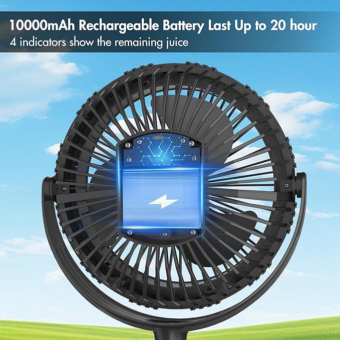 Camping Rechargeable Fan, Battery Operated with Timer, Powerful Airflow Portable Fan, Strong Clip Fan with Light & Hook for Tent Outdoor Travel BBQ Hurricane Power Outage