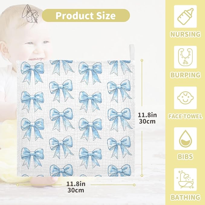 vvfelixl Baby Muslin Washcloths Light Blue Silk Bow Baby Burp Cloths Cotton Babys Face Towel for Newborn Infants Boys Girls Soft and Absorbent 11.8 X 11.8 in, 3 Pack