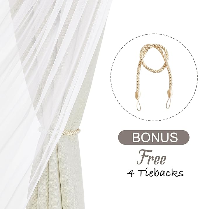 NICETOWN Linen Semi Sheer Curtains for Bedroom, Double Layer Curtains Light Filtering Elegant Grommet Top Curtains & Drapes for Living Room, 52 x 84 Inch Length, Set of 2 Panels, Natural