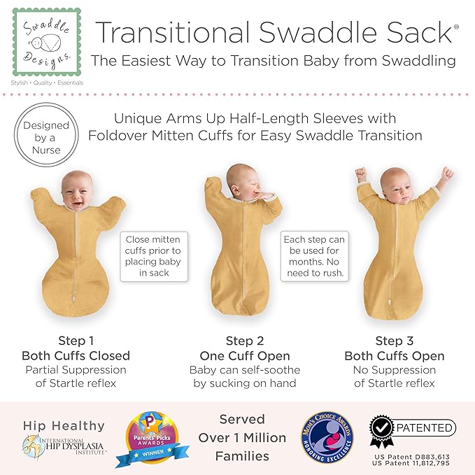 SwaddleDesigns Transitional Swaddle Sack, Arms Up Half-Length Sleeves & Mitten Cuffs, Swaddle for Newborn Transition to Baby Sleep Sack Wearable Blanket, Large, 6-9 Month, 21-24 lb, Heathered Gold