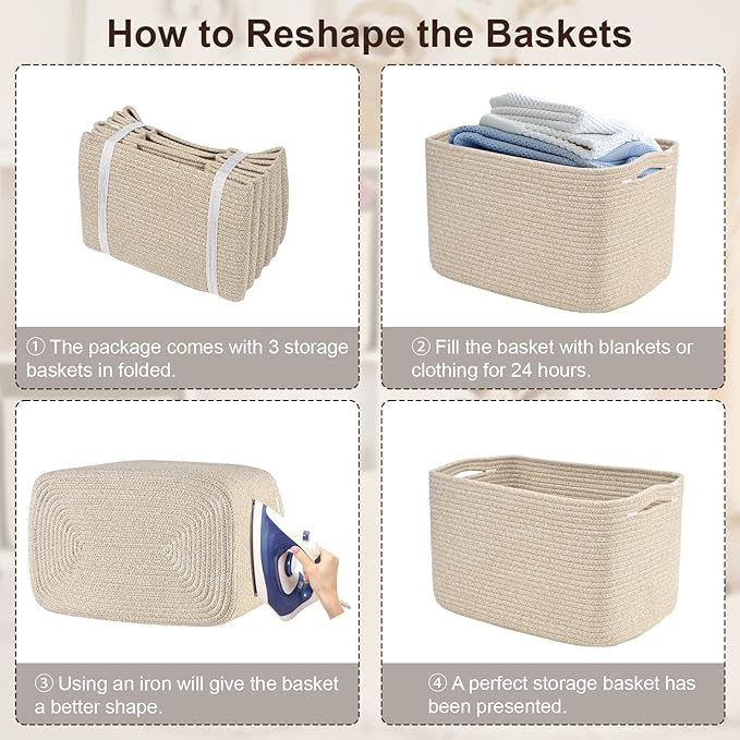 Woven Storage Baskets, Brown Baskets for Organizing, 3 Pack Woven Basket for Storage, Storage Baskets for Shelf, Towel, Toy, Book, Closet, Baby 15"×10"×9"