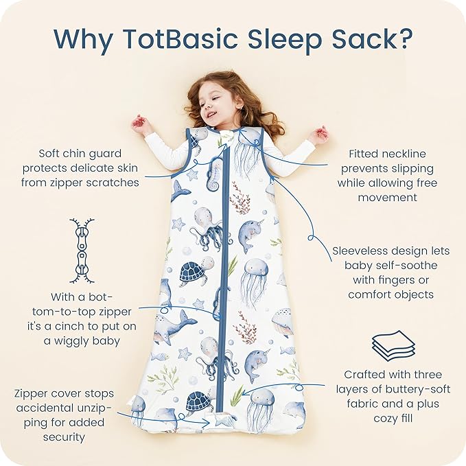 TOTBASIC 1.0 TOG Sleep Sack 6-12-15 Months, Ultra Soft Sleeping Bag, Premium Baby Wearable Blanket with 2-way Safe Zipper All Season Sleep Sack, 1 Pack(Ocean Animals)