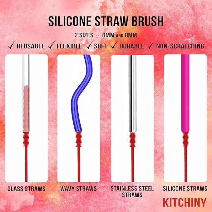 Kitchiny 12.5" Silicone Bottle Brush & Straw Cleaner Brush Set | Water Bottle Cleaner for Hydro Flasks, Tumblers, Glassware, Vases and Narrow Neck Containers