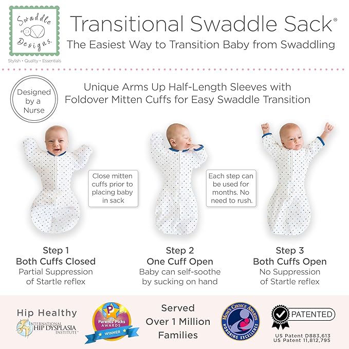 SwaddleDesigns Transitional Swaddle Sack, Arms Up Half-Length Sleeves & Mitten Cuffs, Swaddle for Newborn Transition to Baby Sleep Sack Wearable Blanket, Med, 3-6 Month, 14-21 lb, Blue Tiny Triangles