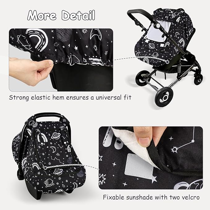 Winter Car Seat Cover Baby with Sunshade & Dual Zipper Windows - Minky Bubble Lined Windproof Soft Shell, Warm Newborn Car Seat Canopy Covers, Elastic Bottom for Stroller & Infant Car Seat, Space