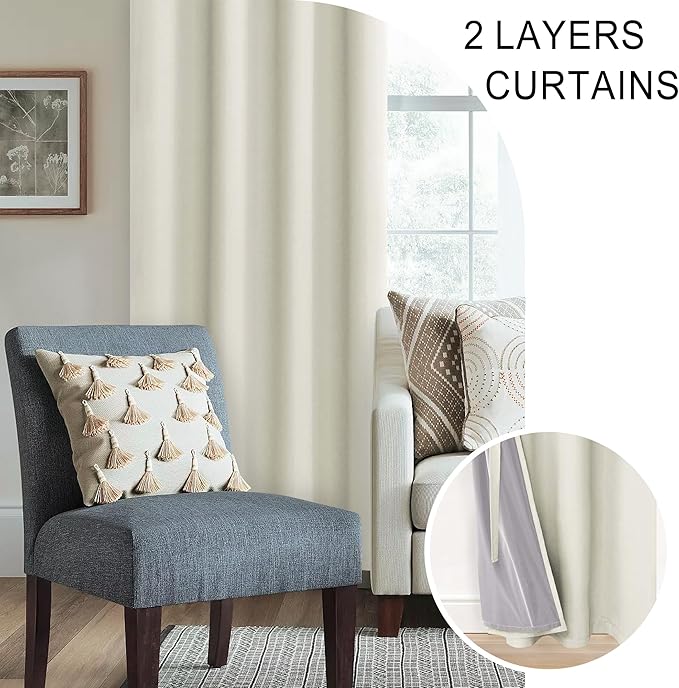 XWZO 100% Blackout Curtains 63 Inches Long with Tiebacks- Heat and Full Light Blocking, Thermal Insulated Window Panels with Grommets for Bedroom/Nursery, Ivory Beige, W42 x L63, Set of 2 Draperies
