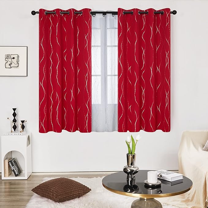 Deconovo Christmas Curtain, Red Curtains, Blackout Drapes, Thermal Insulated Soundproof Drape, Wave Line Dot Foil Print, 52 x 54 Inch, 2 Panels, Machine‑Washable Window Panel for Small Windows Kitchen
