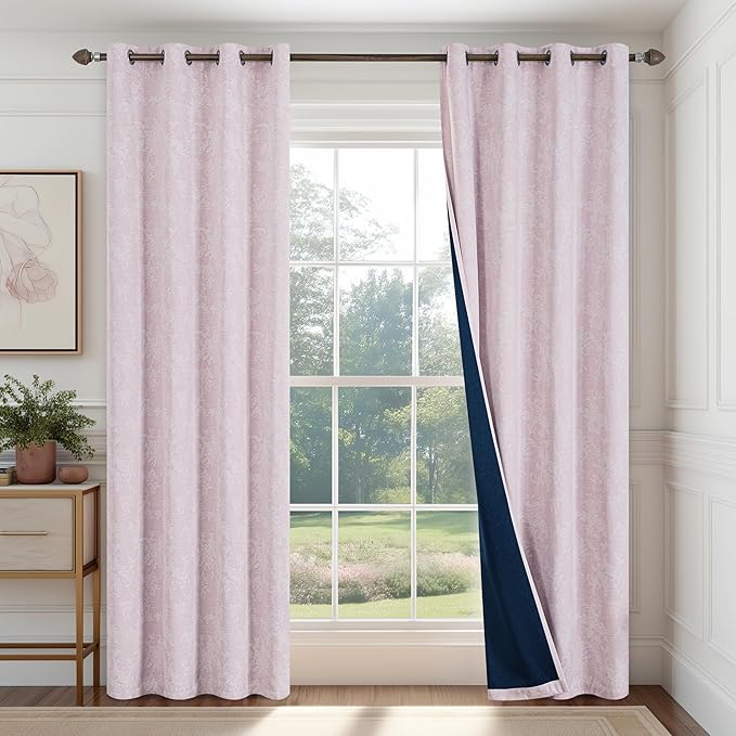 FMFUNCTEX Pink Floral Jacquard Blackout Curtains 84 Inches Long for Girls Bedroom, Scroll Flower Chenille Farmhouse Curtains for Nursery Room Darkening Thermal Insulated Grommet Window Drapes 2 Panels