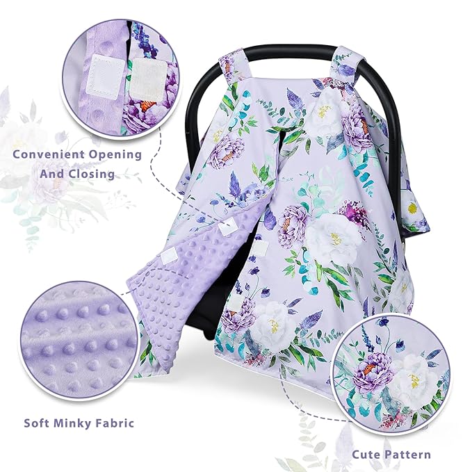 Car Seat Cover Baby, Peekaboo Opening Carseat Covers Baby Girl, Warm Minky Infant Car Seat Canopy, Multi-Use Cover Protecting Baby from Wind, Sun, Strangers Purple Floral