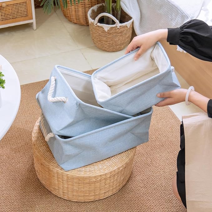 Storage Baskets for Shelves, Closet Organizer Bins, Clothes Storage Bins with Metal Frame, Large Baskets for Organizing and Storage, Collapsible Blue 3-Pack