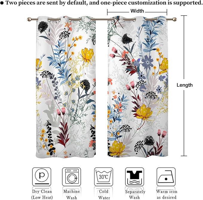 Renaiss Botanical Plants Blackout Curtains, Wild Flowers Plants Print Thermal Insulated Bedroom Window Curtains, Boho Floral Window Drapes for Living Room, 96" L x 42" W 2 Panel Set