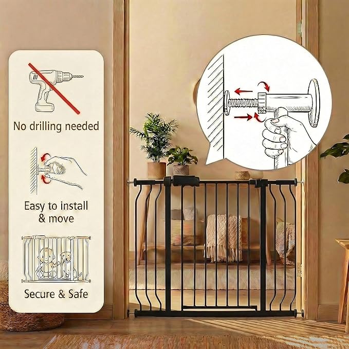 Extra Wide Baby Gate 48-52.7 Inch - Tension Mounted Dog Gate Indoor for Banisters & Wide Hallways - Black Metal, Walk-Through Safety Gate for Kids & Pets