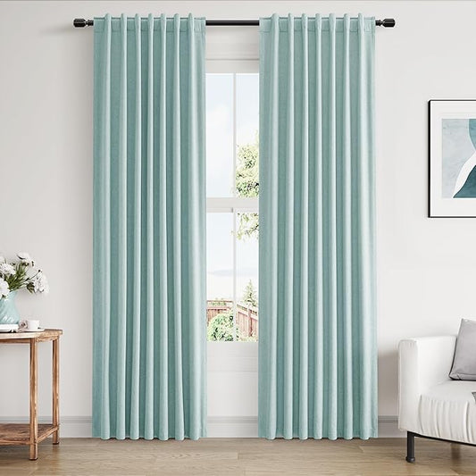 Guken 100% Blackout Linen Curtains 80 Inch Length 2 Panels Set for Living Room Bedroom Back Tab Thermal Insulated Black Out Linen Drapes Room Darkening Window Curtains,Light Blue