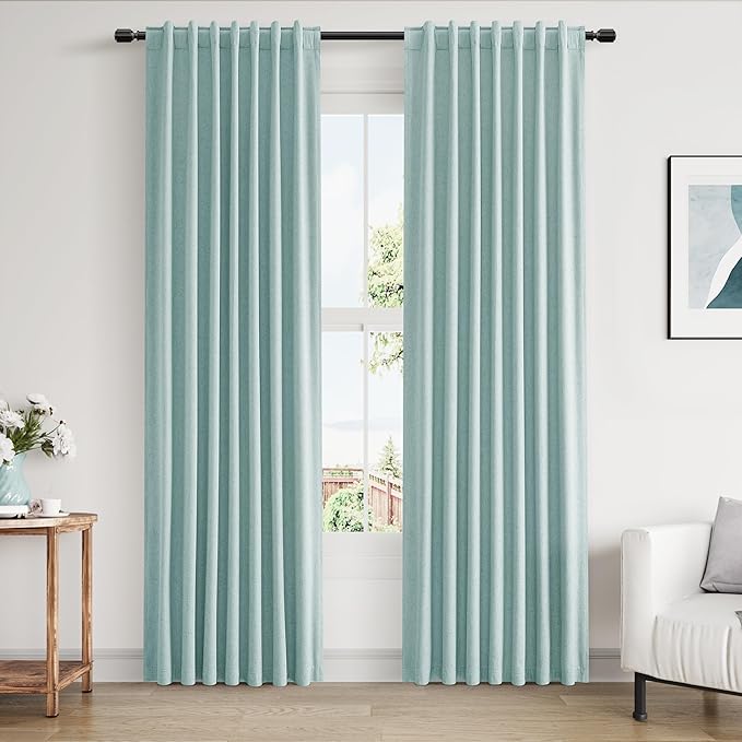 Guken 100% Blackout Linen Curtains 84 Inch Length 2 Panels Set for Living Room Bedroom Back Tab Thermal Insulated Black Out Linen Drapes Room Darkening Window Curtains 84 Inches Long,Light Blue
