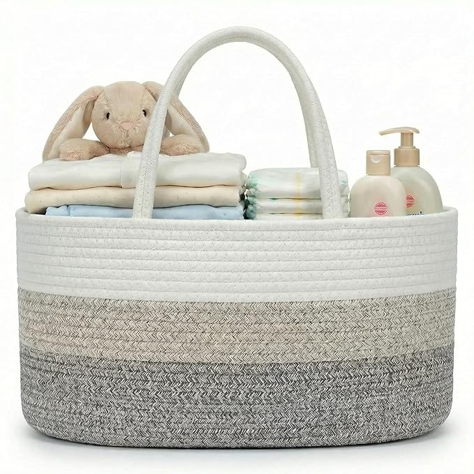 luxury little Diaper Caddy Organizer, Large Cotton Rope Nursery Baby Basket, Changing Table Organizer for Baby Diaper Storage, Portable Car Organizer Removable Divider (Gradient Brown, Large)