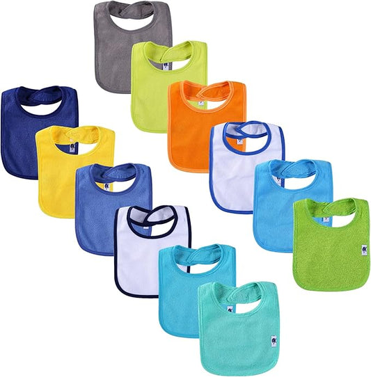 Nvatorfox 12 Pack Terry Drool Cotton Bibs, Unisex Baby Bibs with Fiber Filling Waterproof for Feeding, Teething, Drooling