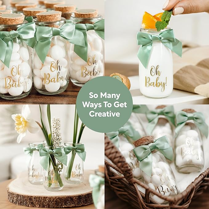 Ethisa Vintage 24 Pack Oh Baby Woodland Milk Glass Bottles with Ribbons and Stickers - Classy Baby Shower Favors for Guests and Table Centerpieces - Gender Neutral Eucalyptus Decoration - Safari Theme