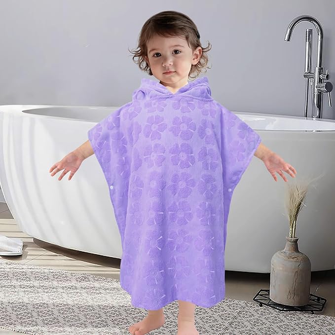 Toddler Bath Towels with Hood, Oversized (2-4Years,22"X22") Made from 100% Soft Cotton,Absorbent Hooded Poncho Towel for Baby Boy,Perfect for Pool | Swimming | Bath | Beach,Jacquard Purple Flower