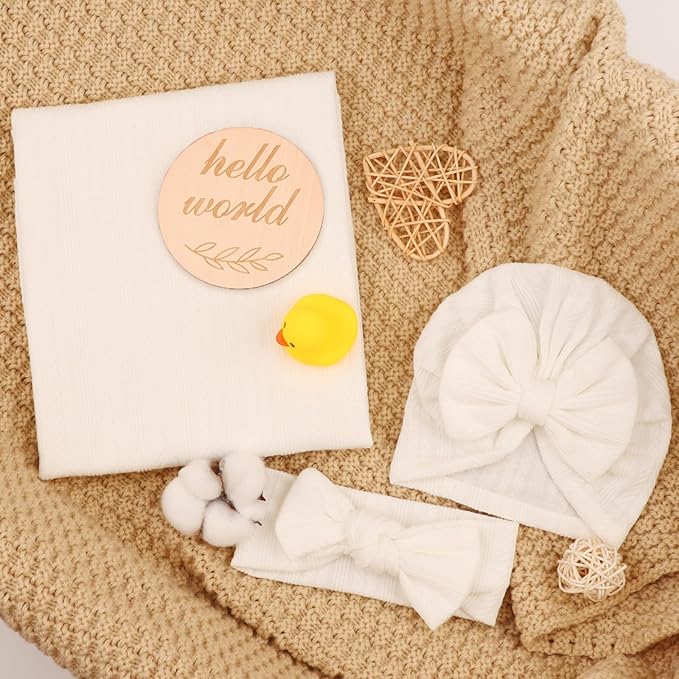 BQUBO Baby Swaddle Blankets for Girls, 4PCS Newborn Accessories Set with Hat and Bow Headband with Hello World Wooden Birth Announcement Card, Baby Blankets for Girls (White)
