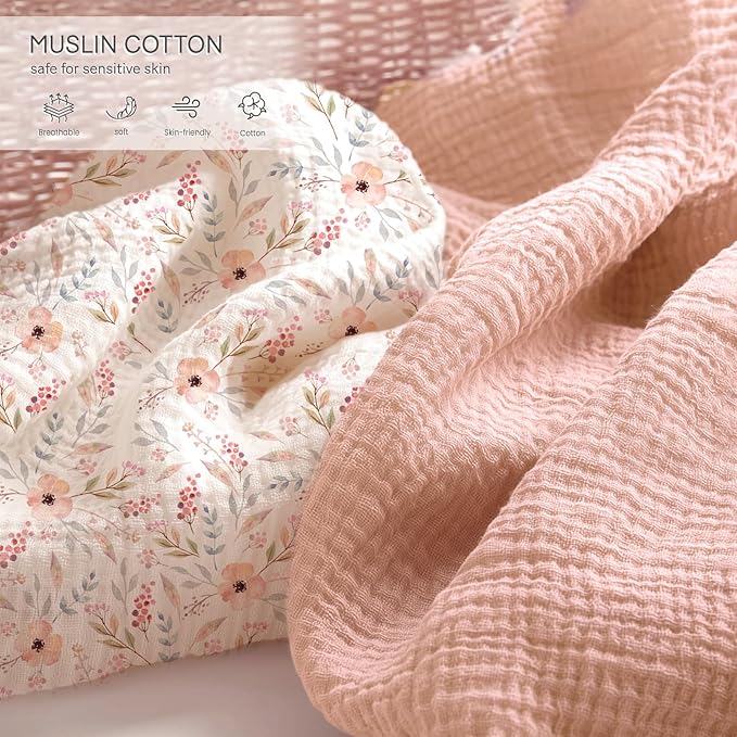 lulumoon Mini Crib Sheets 2-Pack: Soft Muslin Cotton Pack and Play Sheets for Playard Mattress - Boho Floral Print for Girls