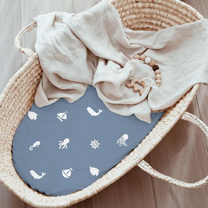 Bassinet Fitted Sheets, 3 Pack Baby Boy and Girl, Soft Breathable Stretchy Baby Pad/Mattress Sheet Set, Universal Fit for Hourglass Oval and Rectangle Bassinet Mattress（Blue Whale Ocean）