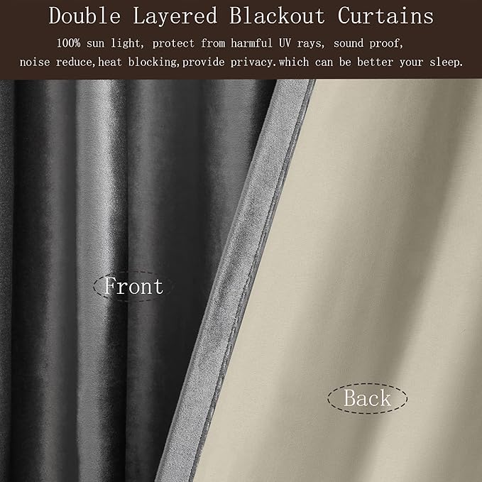 PRIMROSE 100% Blackout Grey Velvet Curtains Drapes 96 inch Long for Living Room,Set of 2 Panels Liner Rod Pocket Back Tab Thermal Window Curtains Room Darkening Heavy Decorative Curtains for Bedroom