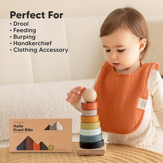 KeaBabies 8-Pack Baby Bibs for Boys, Girls - Pullover Bibs for Drooling Teething Baby Girl & Boy Toddler, Newborn, Soft & Absorbent, Cute Colors, Large Torso Coverage Keep Infant Clean & Dry (Brick)