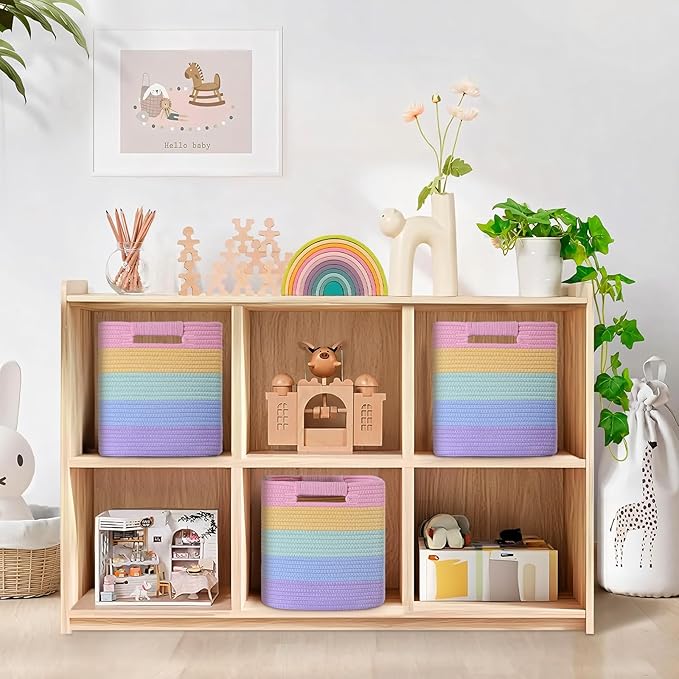 11 Inch Storage Cubes, 3 Pack Cube Storage Bins for Organizing, Cotton Rope Woven Baskets for Shelves, Bathroom, Kids Room, Closets, Baby Nursery