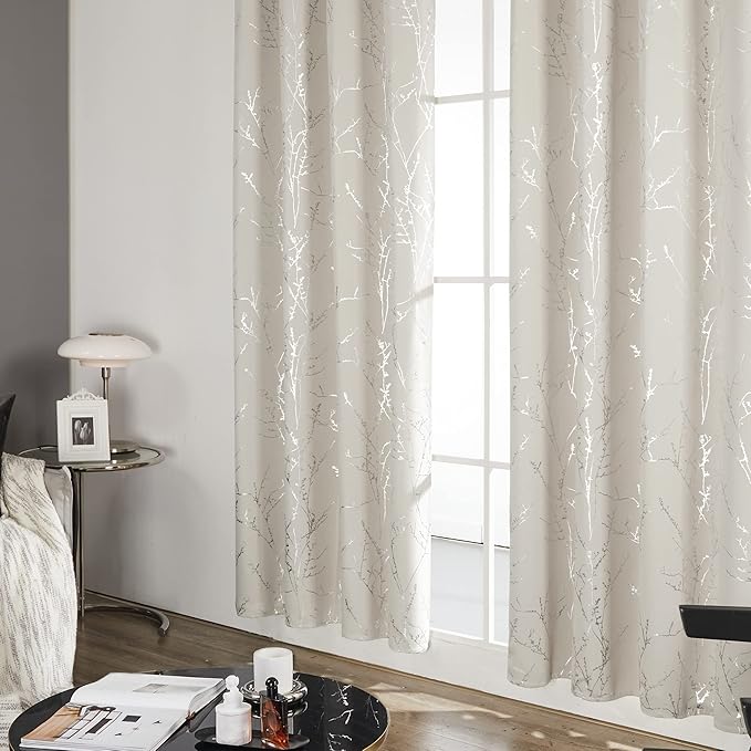 Deconovo Short Curtains, Room Darkening Curtain Beige, Thermal Insulated Soundproof Drapes, Silver Branch Print, 42 x 45 Inch, Machine Washable Window Panels for Living Room Office Kitchen, Set of 2