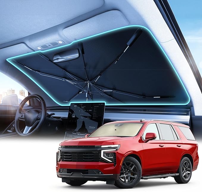 Tahoe Windshield Sun Shade Umbrella – Custom-Fit for Tahoe 2015–2025, Vinyl Coating Heat Shield, 99% UV Blocking, Keep Full-Size SUV Interior Cool, Heavy-Duty Spring Structure