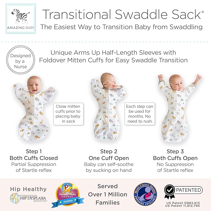 Amazing Baby Transitional Swaddle Sack, Arms Up Half-Length Sleeves & Mitten Cuffs, Swaddle for Newborn Transition to Baby Sleep Sack Wearable Blanket, Medium, 3-6 Month, 14-21 lb, On Safari