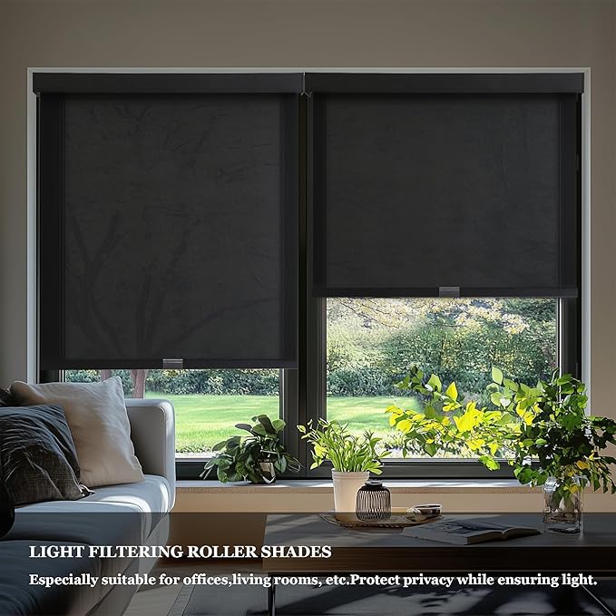 AOSKY Light Filtering Roller Shades Cordless Blinds for Windows, 1% Openness Free-Stop Shades with Valance, Thermal Insulated Fabric, UV Protection, Natural Woven Blinds（32" W x 72" H, Black）