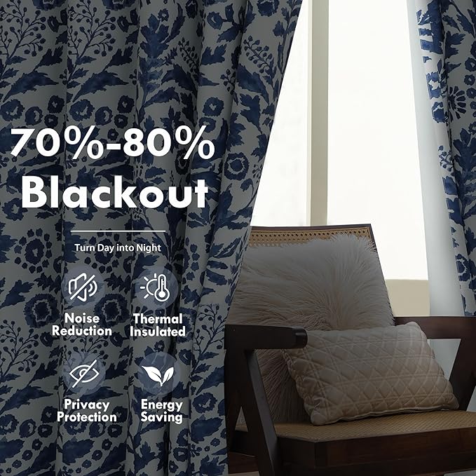 DriftAway Julia Watercolor Blackout Room Darkening Lined Thermal Insulated Energy Saving Window Curtains 2 Layers 2 Panels Each Size 52 Inch by 108 Inch Navy