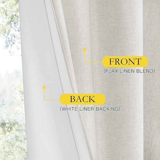 NICETOWN 100% Absolutely Blackout Linen Curtains 95 inch Length with Thermal Insulated White Liner, Off White, W52, 2 Pieces, Noise Reducing Textured Linen Look Windows Drapes for Classroom
