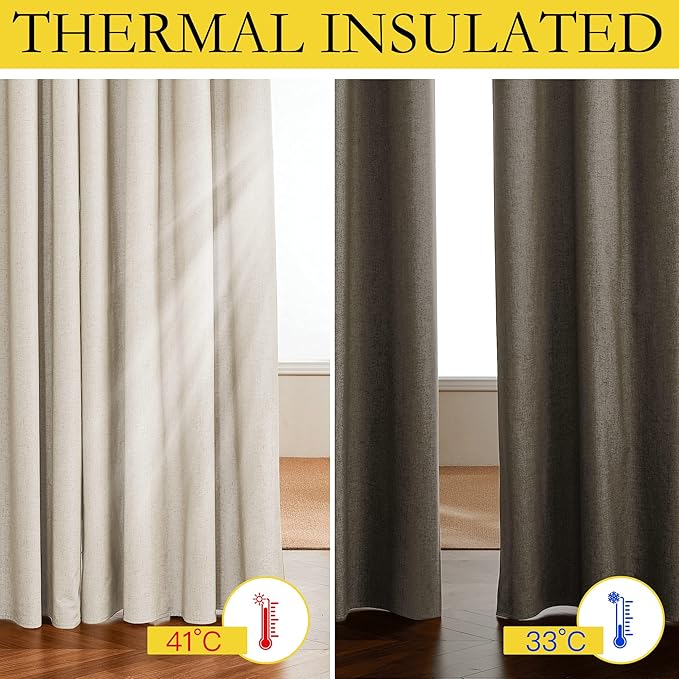 NICETOWN 100% Blackout Linen Curtains for Living Room with Thermal Insulated White Liner, 52" Wide, 2 Panels, 84" Long Drapes, Back Tab Retro Beige Linen Curtains Vertical Drapes Privacy for Bedroom