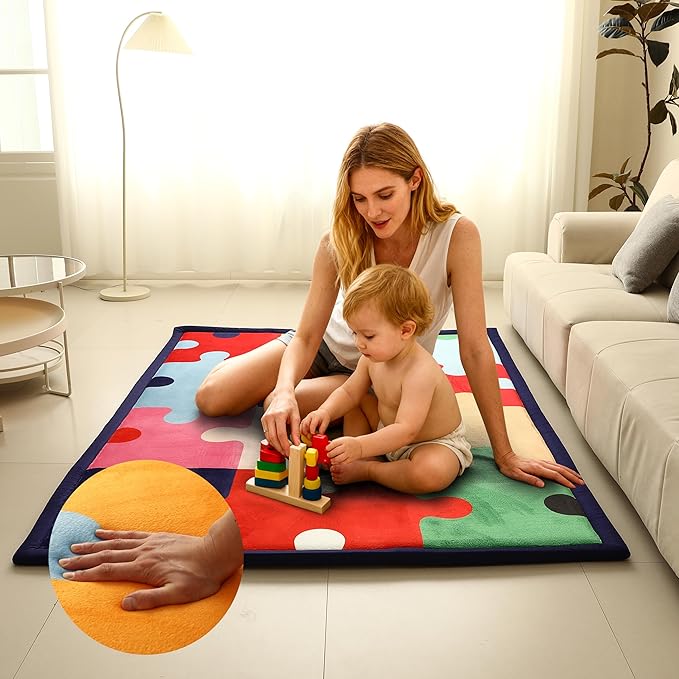 Puzzle Baby PlayMat Rug Extra Thick 3.5CM | Cloudsoft Coral Velvet Crawl Memory Foam Floor Mat | Anti-Spill | Anti-Slip | Toddlers Infants Kids Children | 60"x80" | Tummy Time | Padded Yoga Rug