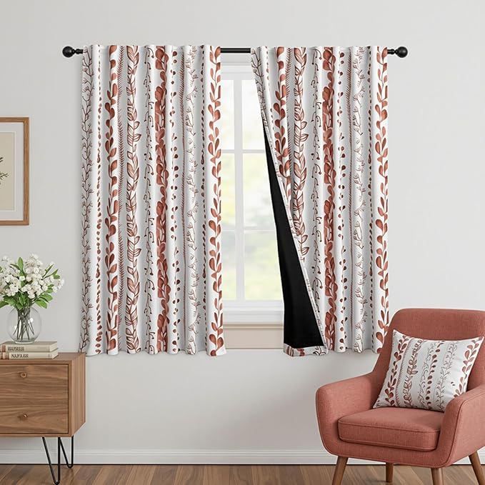 MEETSKY Boho Terracotta Blackout Curtains 63 Inches Long 2 Panels for Bedroom - Burnt Orange Curtains for Living Room Thermal Insulated Rod Pocket Drapes, Leaf Print Window Treatment, 50" Wide