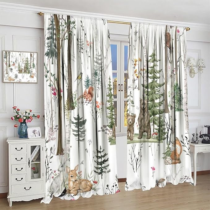 Forest Animals Kids Curtains, Wild Rustic Bear Fox Deer Children Cartoon Window Treatments for Living Room, Watercolor Blackout Drapes 2 Panel Sets,42x63 Inch