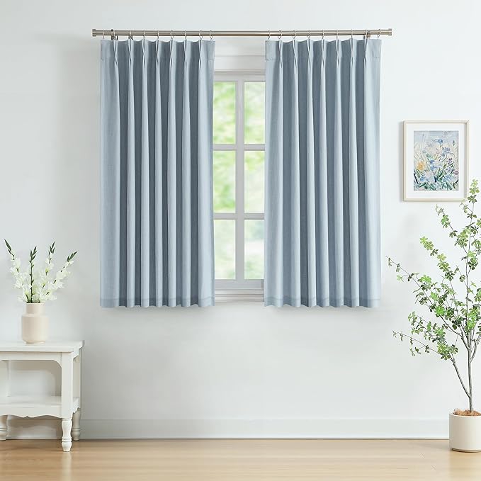 WEST LAKE 63 Inch Dusty Blue Bailey Pinch Pleated Full Blackout Curtains with Liners,Modern Textured Drapes with Backtabs Hooks,Thermal Insulating Window Treatment for Bedroom Living Room,40"Wx63"Lx2