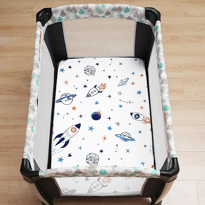 david's kids 3 Pack Mini Crib Sheets, Soft Breathable Premium Pack N Play Sheets for Baby Boys Girls Neutral, Playard and Mini Crib Mattresses, Space