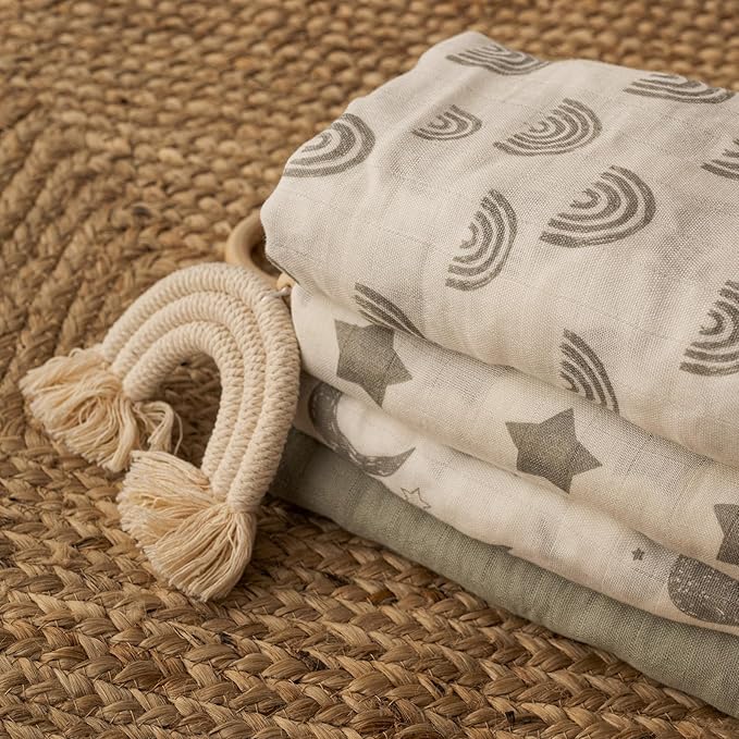 GLLQUEN BABY Muslin Swaddle Blankets 4-Pack Breathable Receiving Blankets (35" x 40") Soft Baby Blankets for Girls and Boys Newborn Essentials Muslin Burp Cloths Swaddle Wrap Baby Gift (Star)